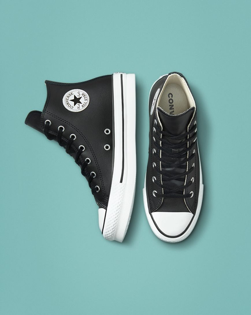 Boys' Converse Chuck Taylor All Star Lift Leather High Top Platform Shoes Black / Beige White | AU 4108CW